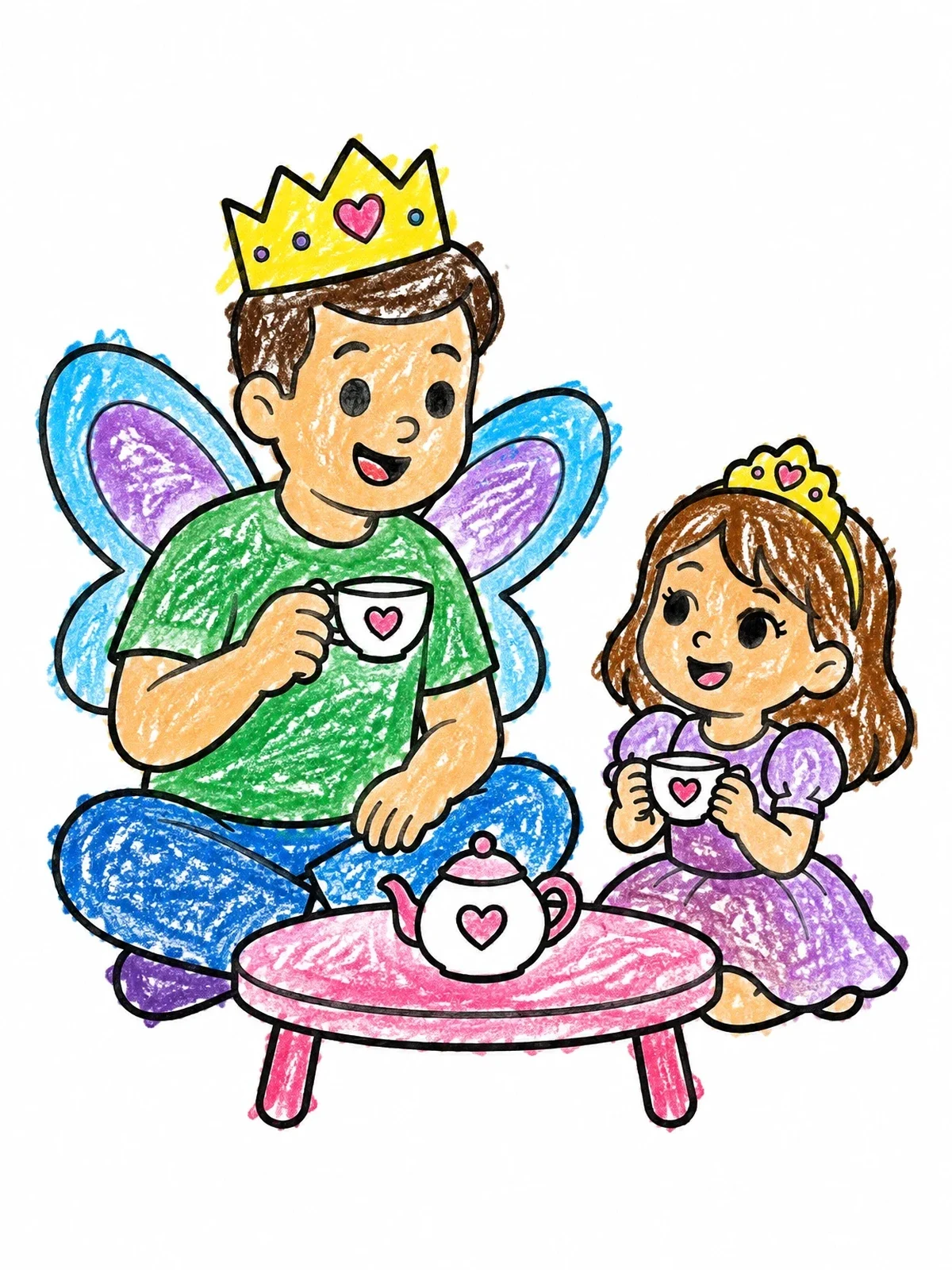 Colored example of the Father And Daughter Fairy Tea Party coloring page