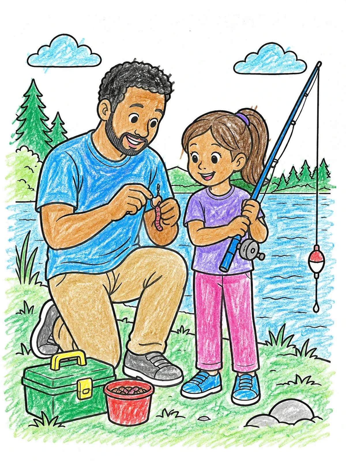 Colored example of the Father And Daughter Fishing By Lake coloring page