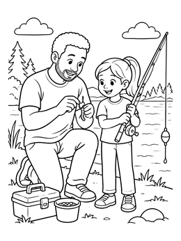 Free printable Father And Daughter Fishing By Lake coloring page
