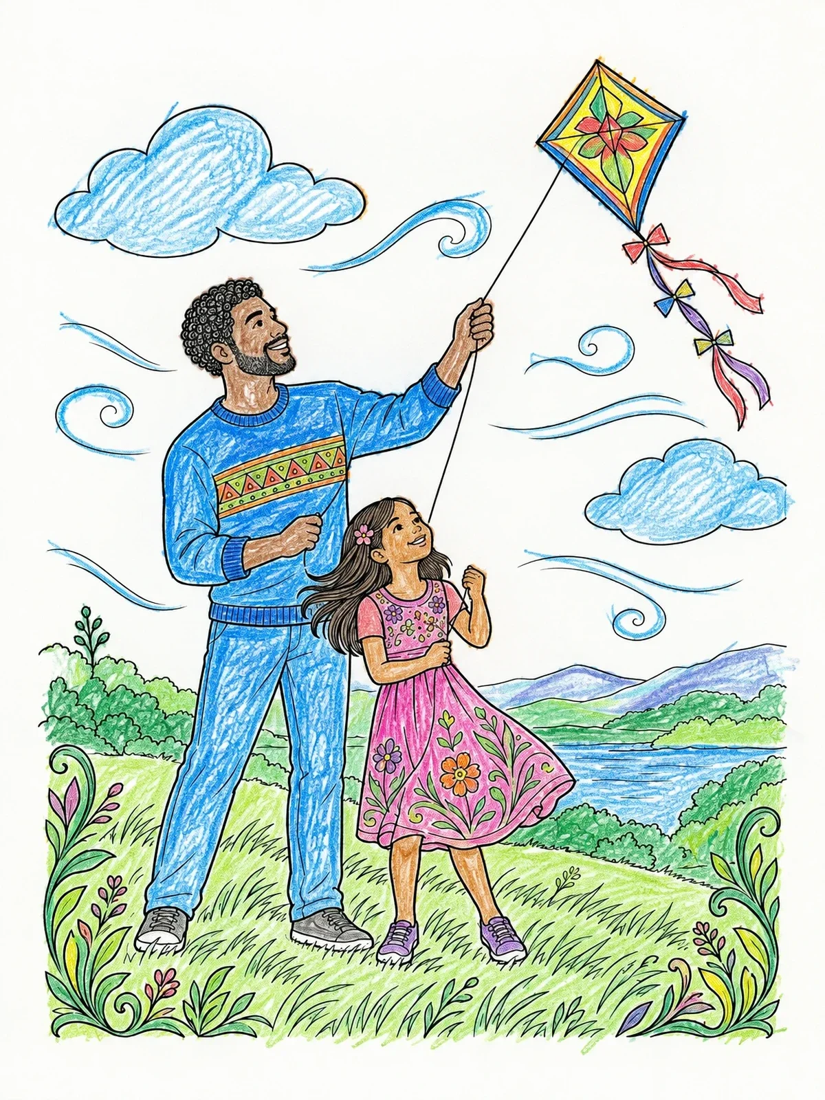 Colored example of the Father And Daughter Flying Kite coloring page