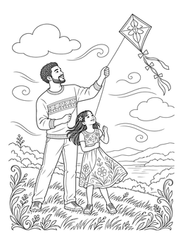 A peaceful dad and daugher coloring page showing them flying a diamond kite on a hill.