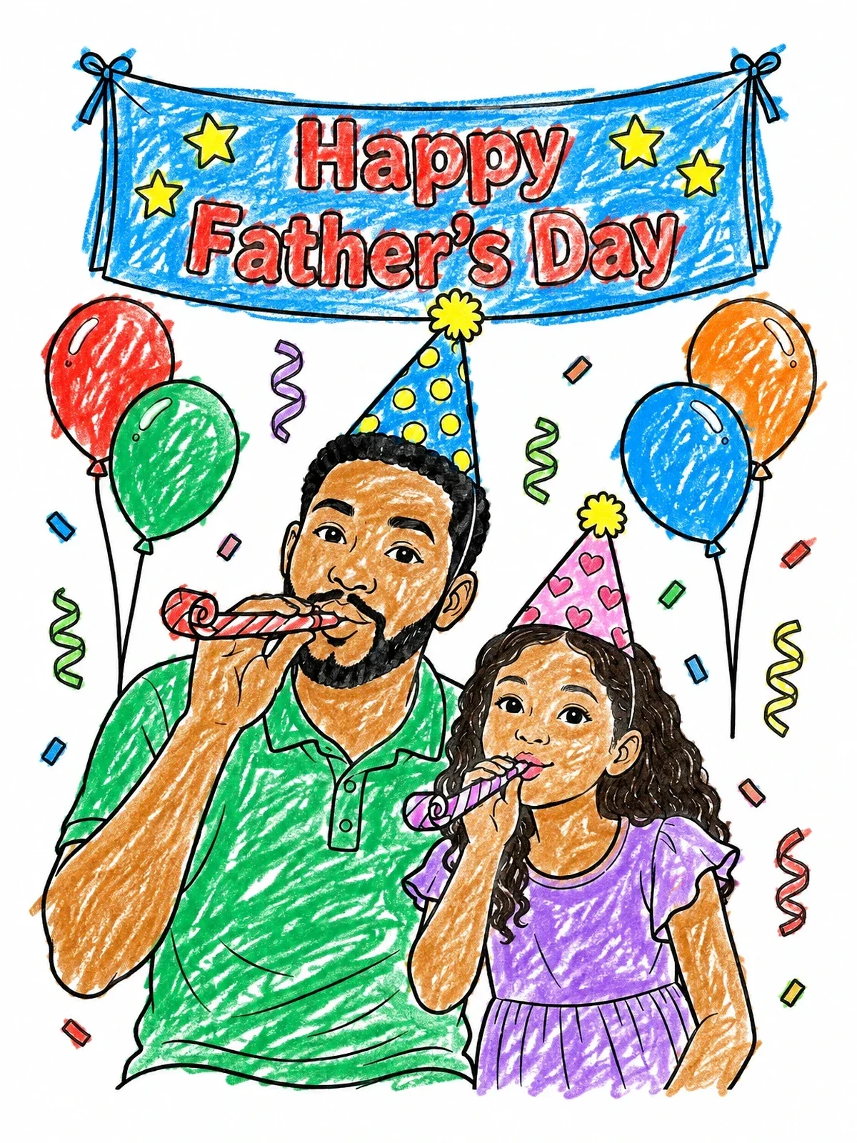 Colored example of the Father And Daughter Celebrating Together coloring page