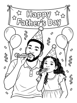Father and daughter party celebration in this dad and daugher coloring page with festive banner.