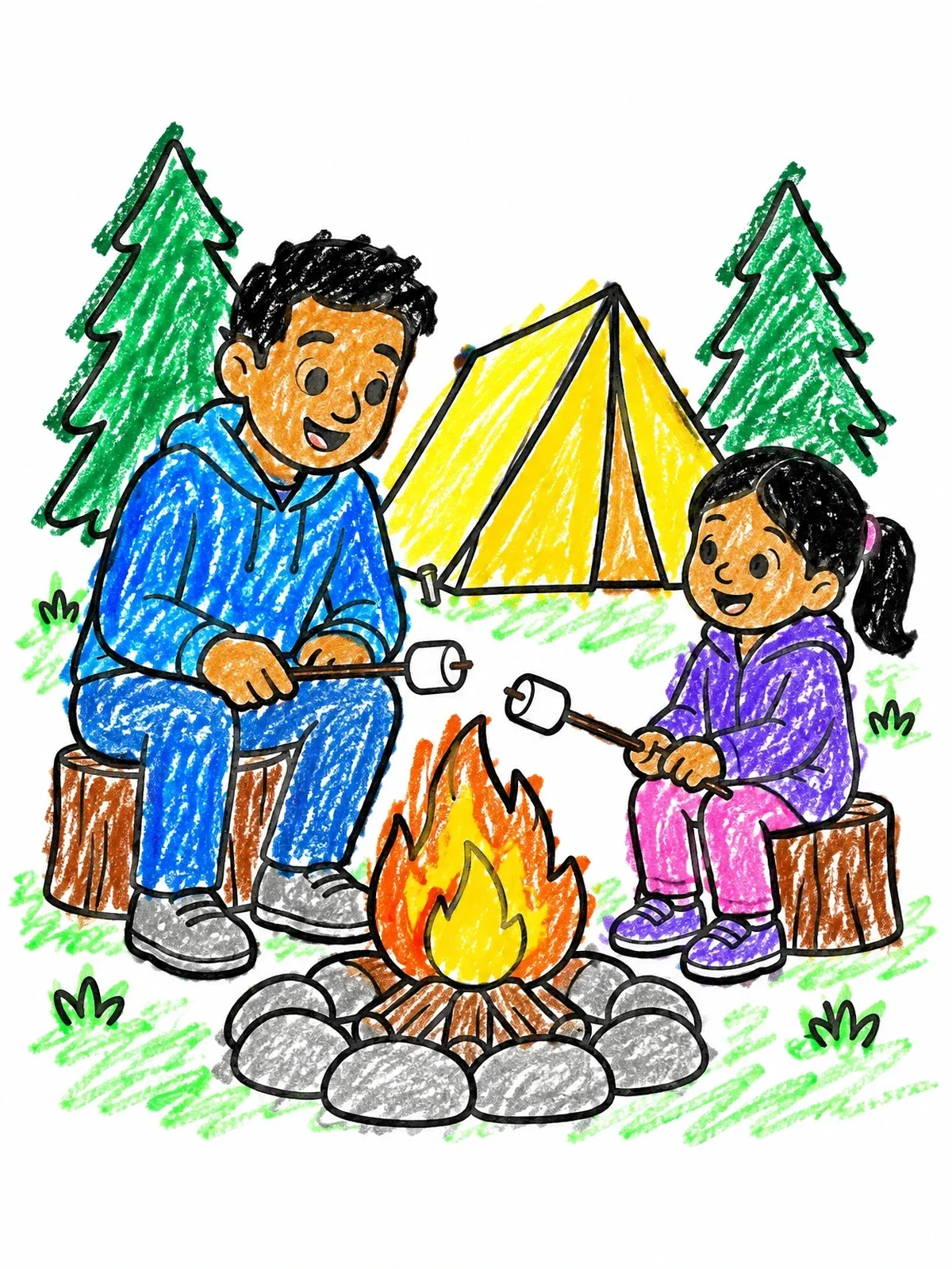 Colored example of the Father And Daughter Roasting Marshmallows coloring page