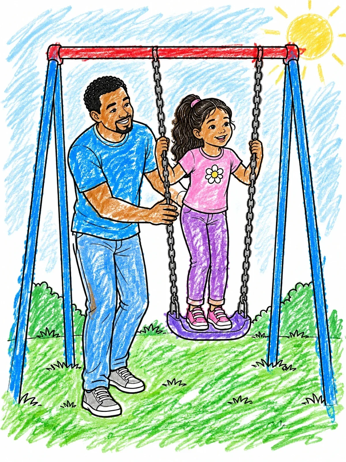 Colored example of the Father Helping Daughter On Playground Swing coloring page