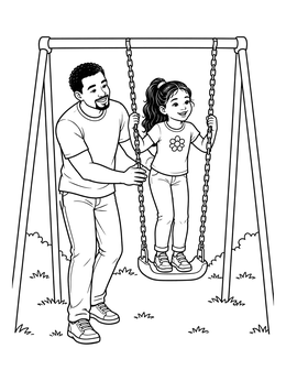 A cheerful dad and daugher coloring page showing a father supporting his girl balancing on a swing.