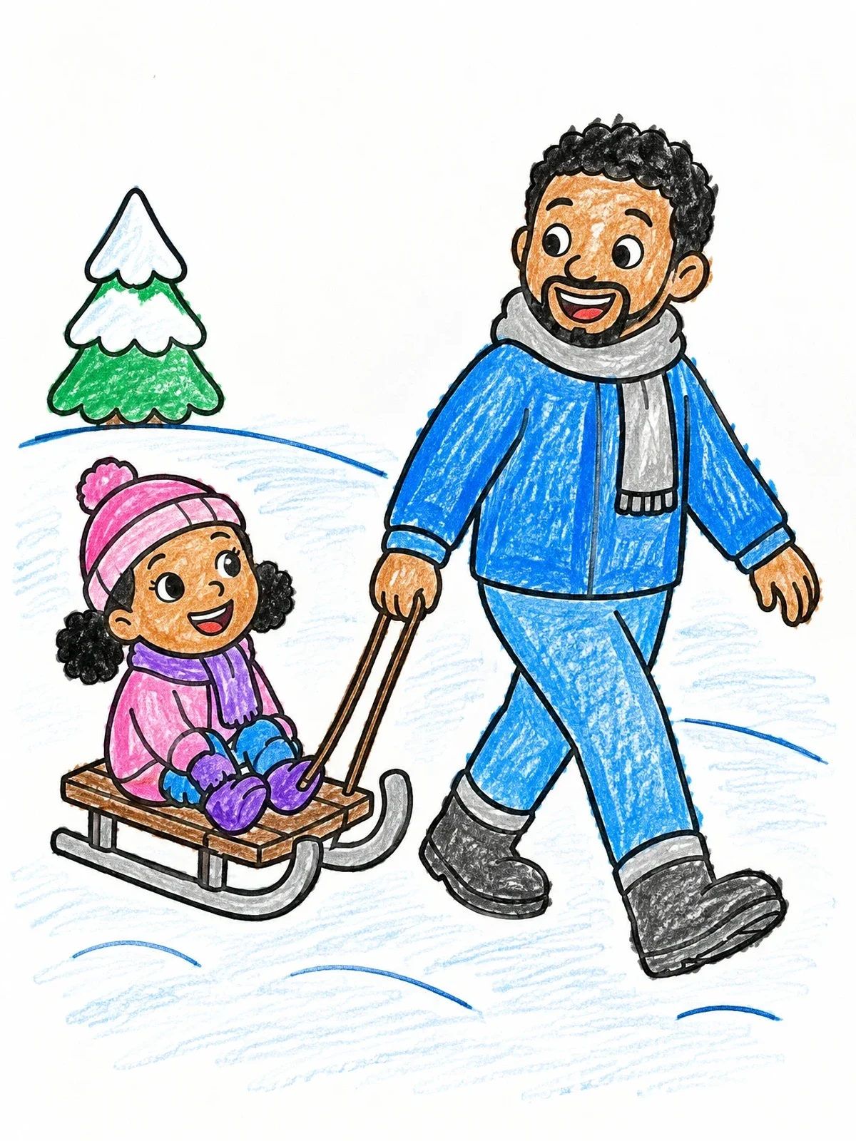 Colored example of the Father Pulling Daughter On A Sled coloring page