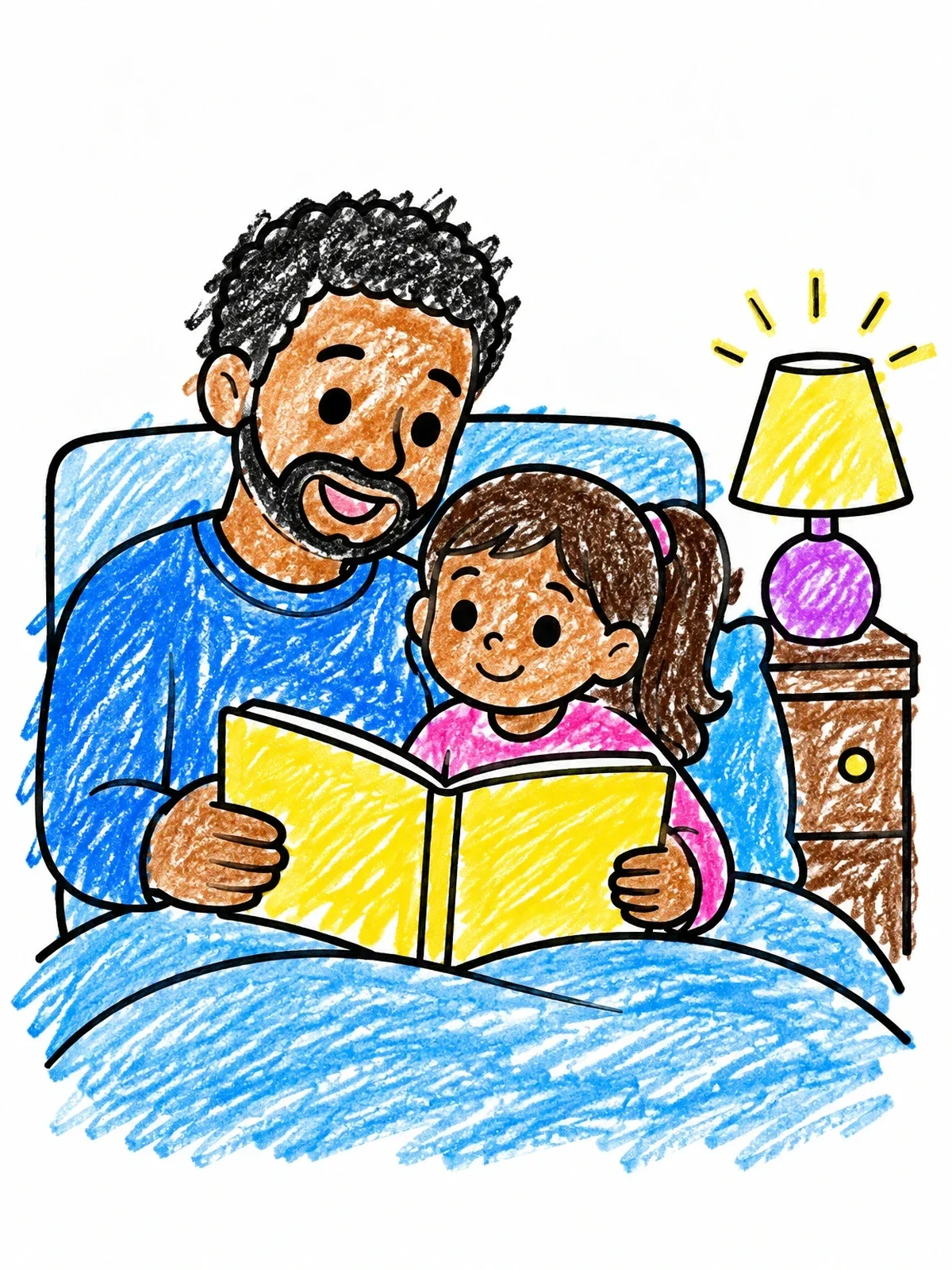 Colored example of the Father And Daughter Reading Bedtime Story coloring page