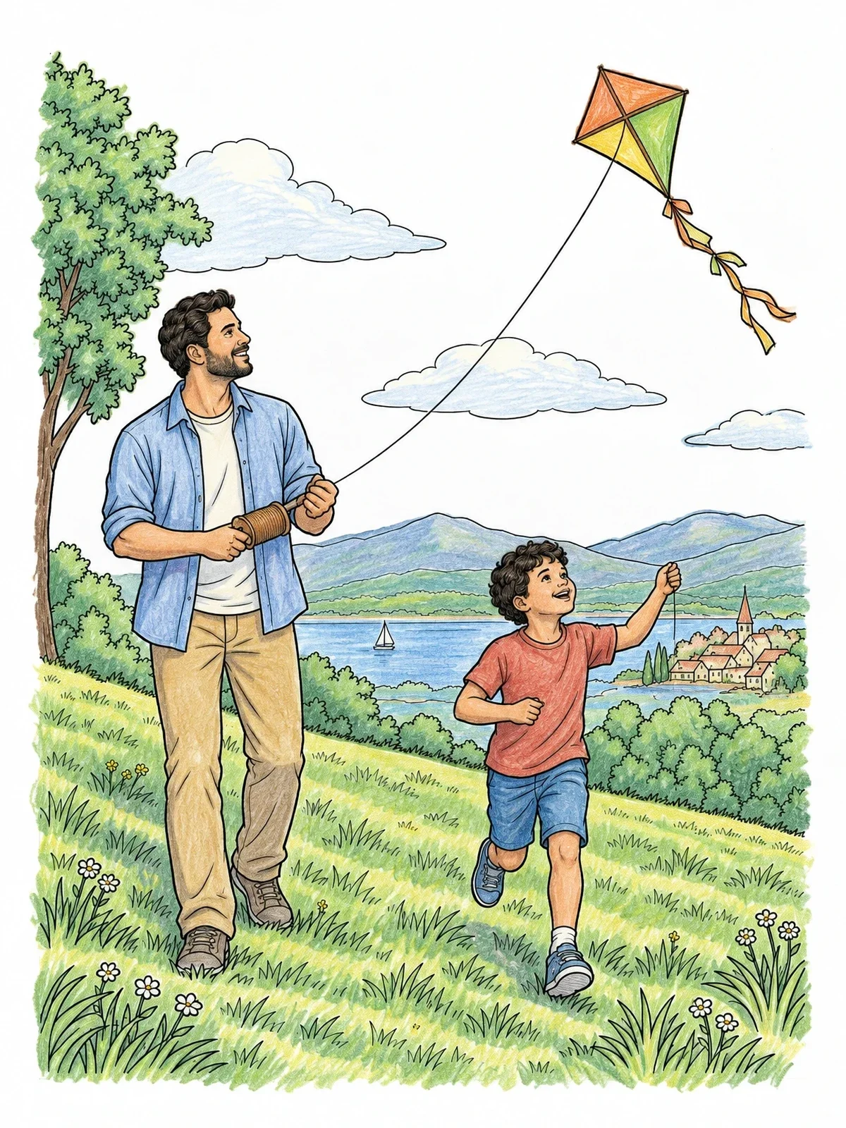 Colored example of the Father And Son Flying A Kite coloring page
