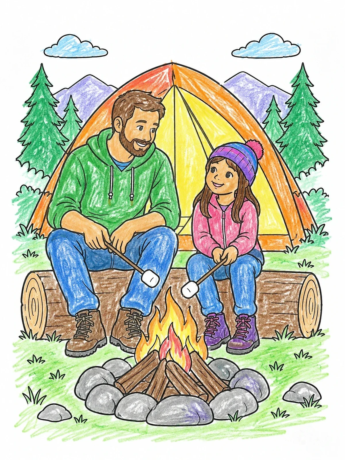 Colored example of the Father And Daughter Camping By Campfire coloring page