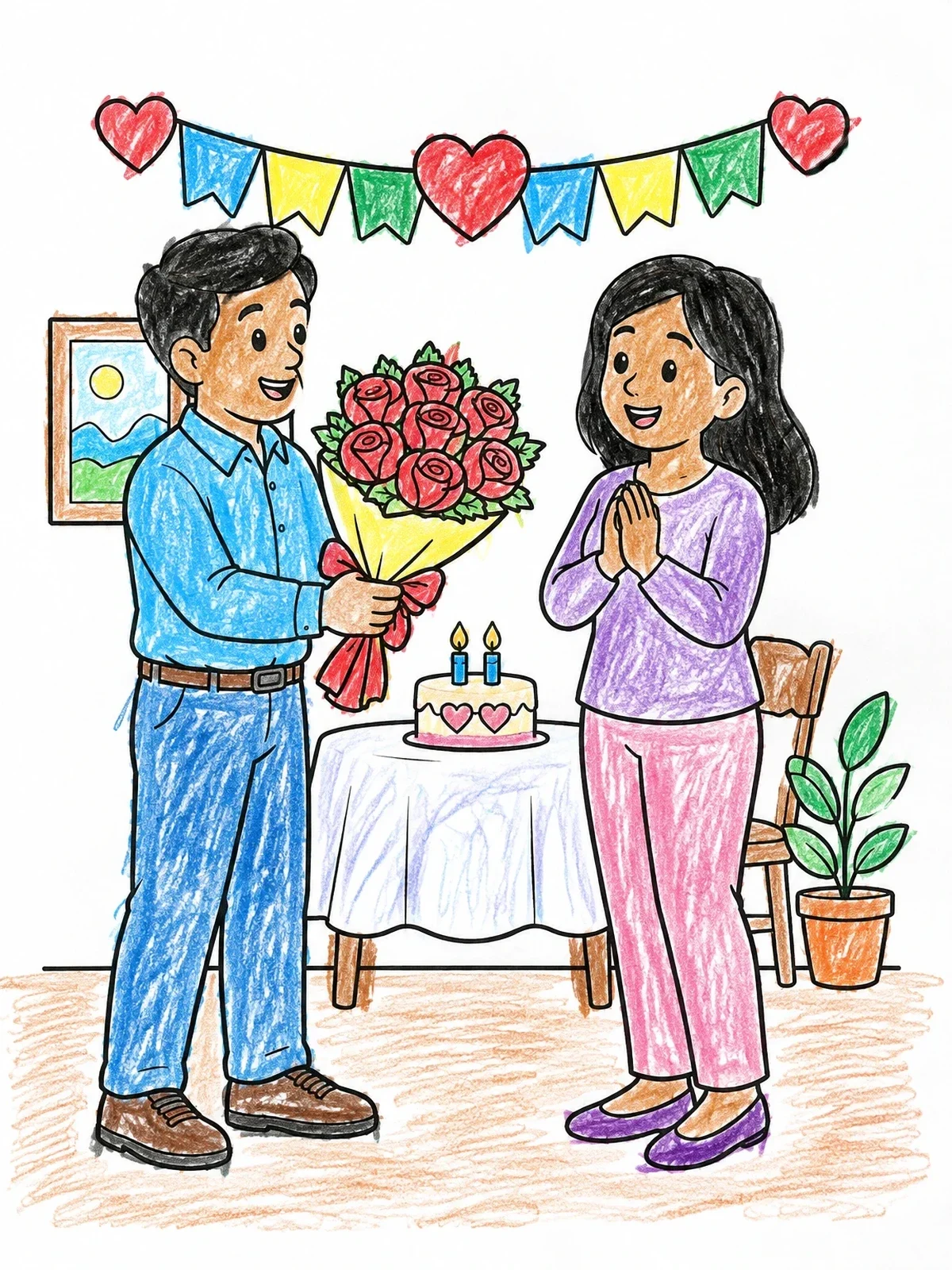 Colored example of the Father Giving Flowers To Mother coloring page