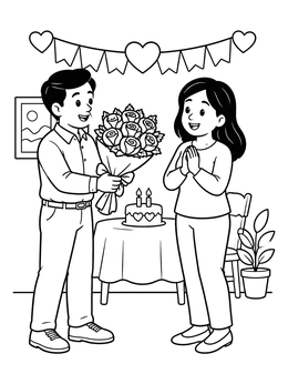 A sweet mom and dad coloring page with flowers, cake, and party banners for an anniversary.