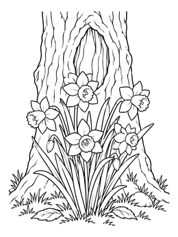 A daffodil flower coloring page featuring wild daffodils blooming in front of a hollow tree trunk.
