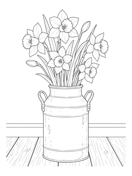 A rustic daffodil flower coloring page featuring blooms in an antique milk can.