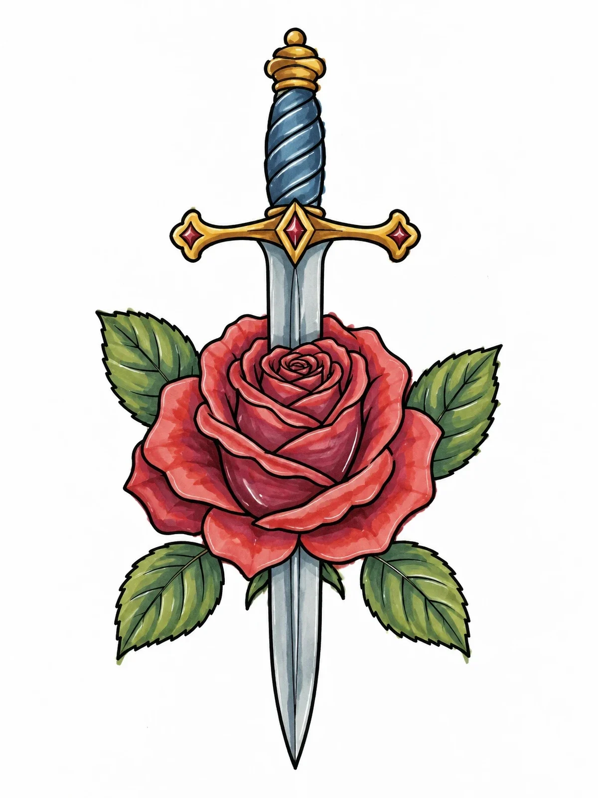 Colored example of the Dagger Piercing Rose Tattoo coloring page