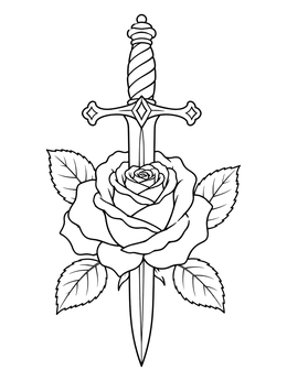Free printable Dagger Piercing Rose Tattoo coloring page