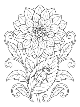 A detailed dahlia coloring page featuring a ladybug resting on a leaf beneath a large blossom.