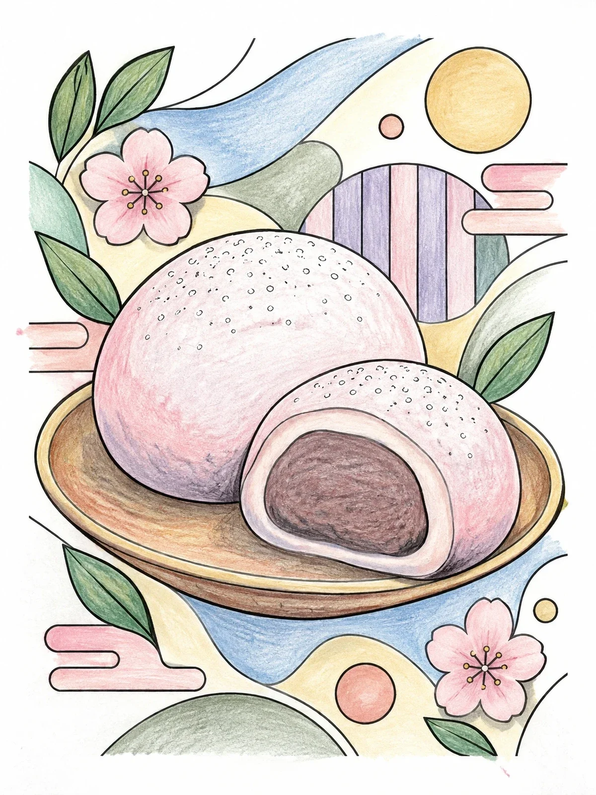 Colored example of the Daifuku Mochi With Floral Patterns coloring page