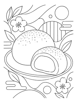 Round daifuku rice cakes on a plate in this mochi coloring page with cherry blossoms.