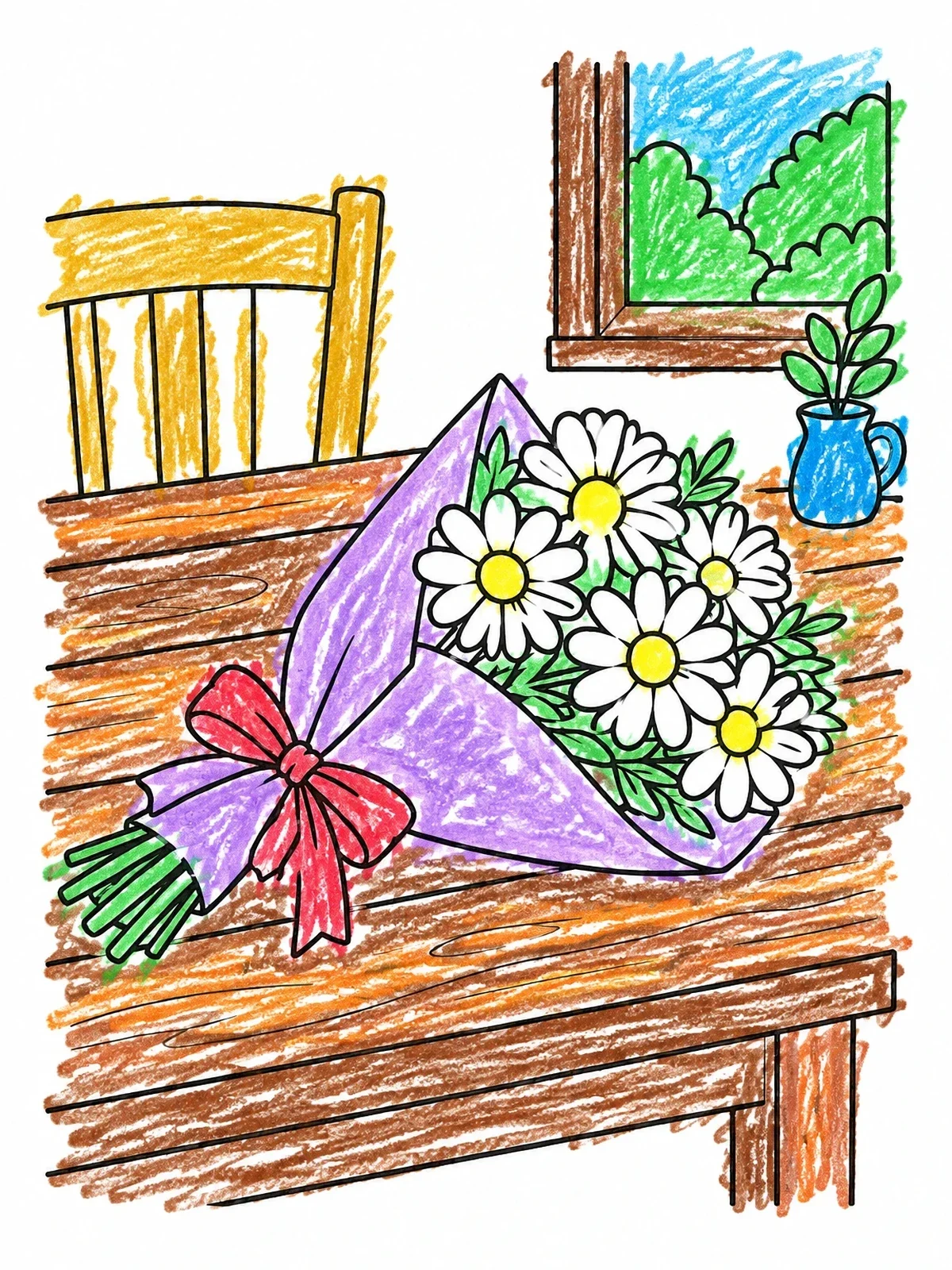 Colored example of the Daisy Bouquet On Wooden Table coloring page
