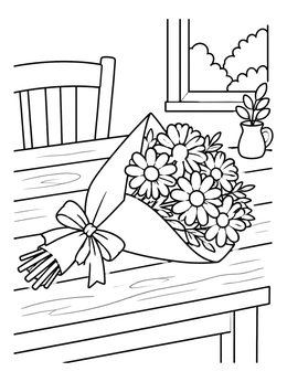A wrapped bouquet on a tabletop in this daisy flower coloring page by a sunny window.