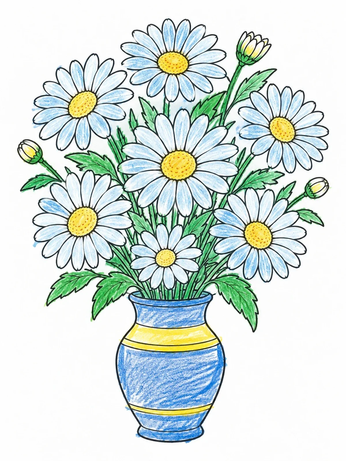 Colored example of the Blooming Daisies In Ceramic Vase coloring page