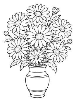 A daisy flower coloring page featuring a bouquet of blooming daisies arranged neatly in a vase.