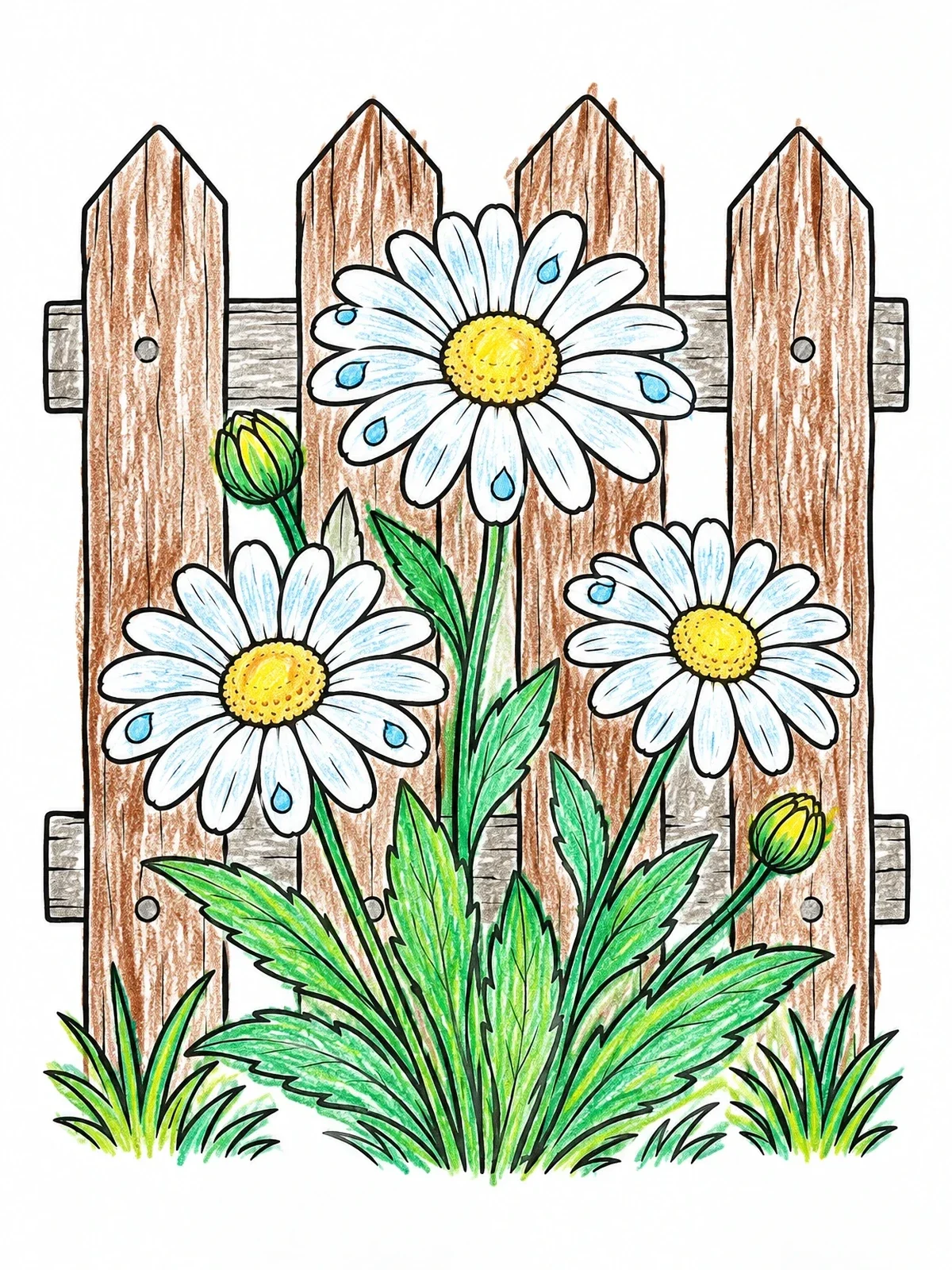 Colored example of the Blooming Daisies By Wooden Fence coloring page