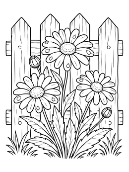 Blooming Daisies by Wooden Fence coloring page