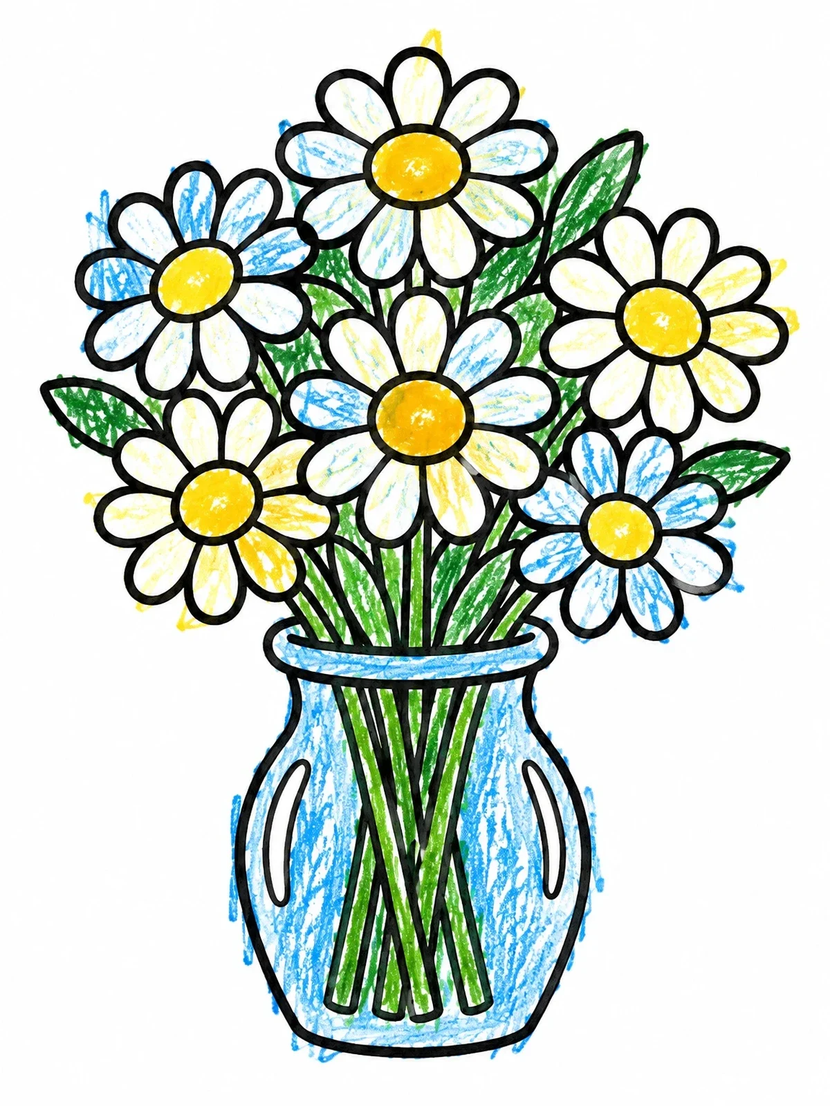 Colored example of the Daisy Bouquet In A Glass Vase coloring page