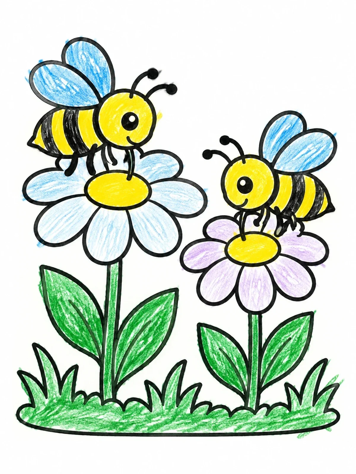 Colored example of the Cheerful Bees On Garden Daisies coloring page