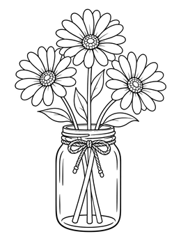 A daisy flower coloring page featuring three blooming daisies inside a tied glass jar.