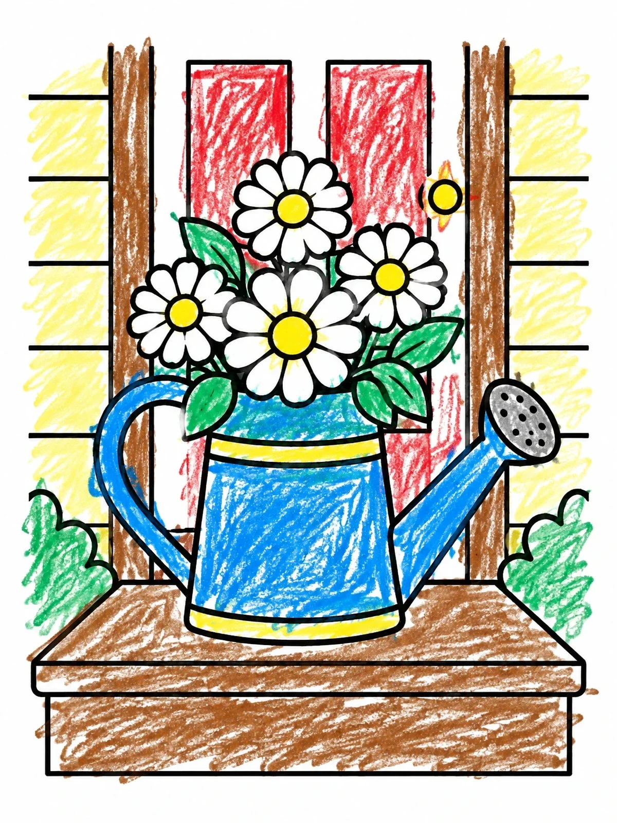 Colored example of the Daisies In A Porch Watering Can coloring page