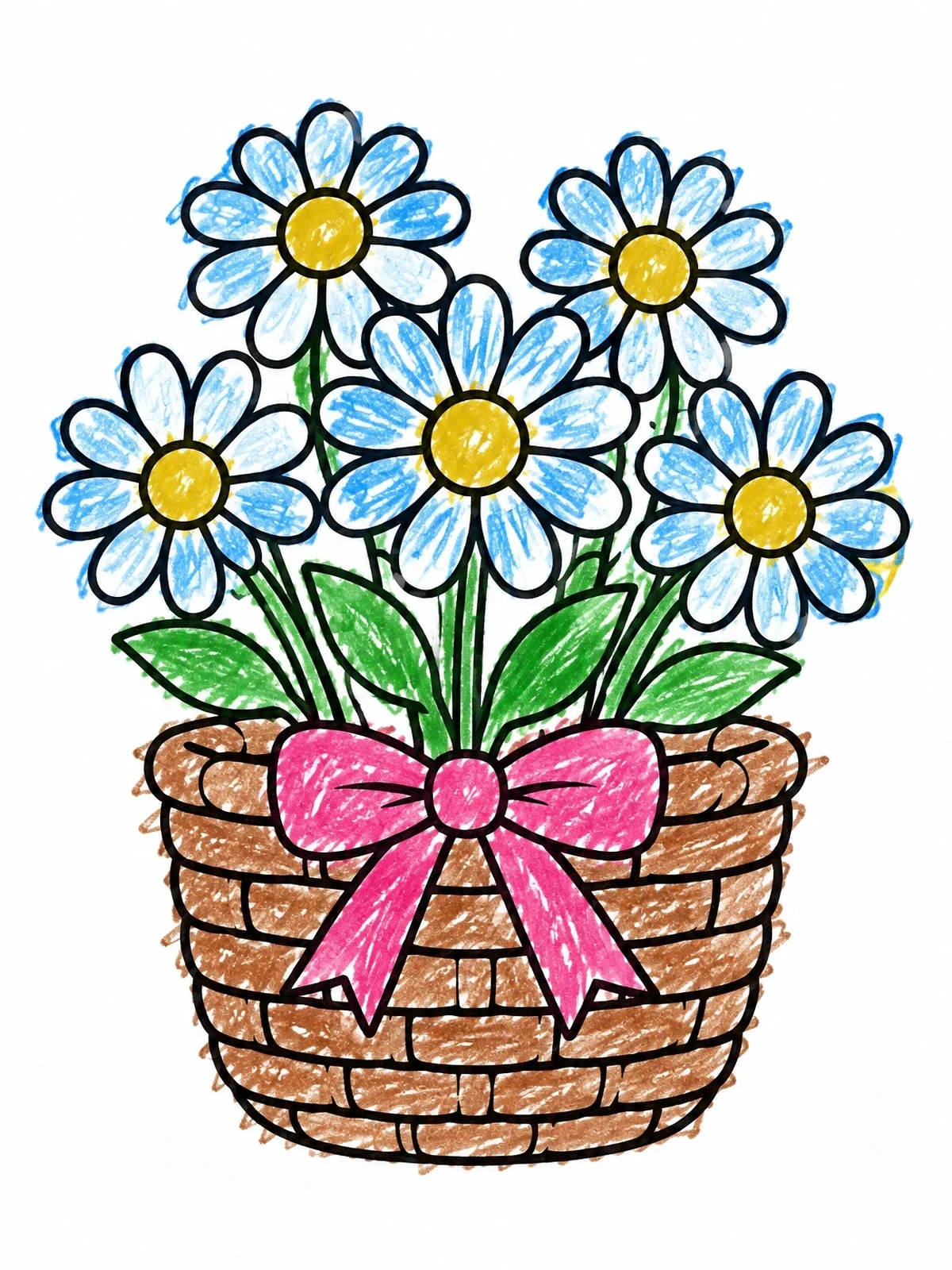 Colored example of the Daisies In A Ribbon Basket coloring page