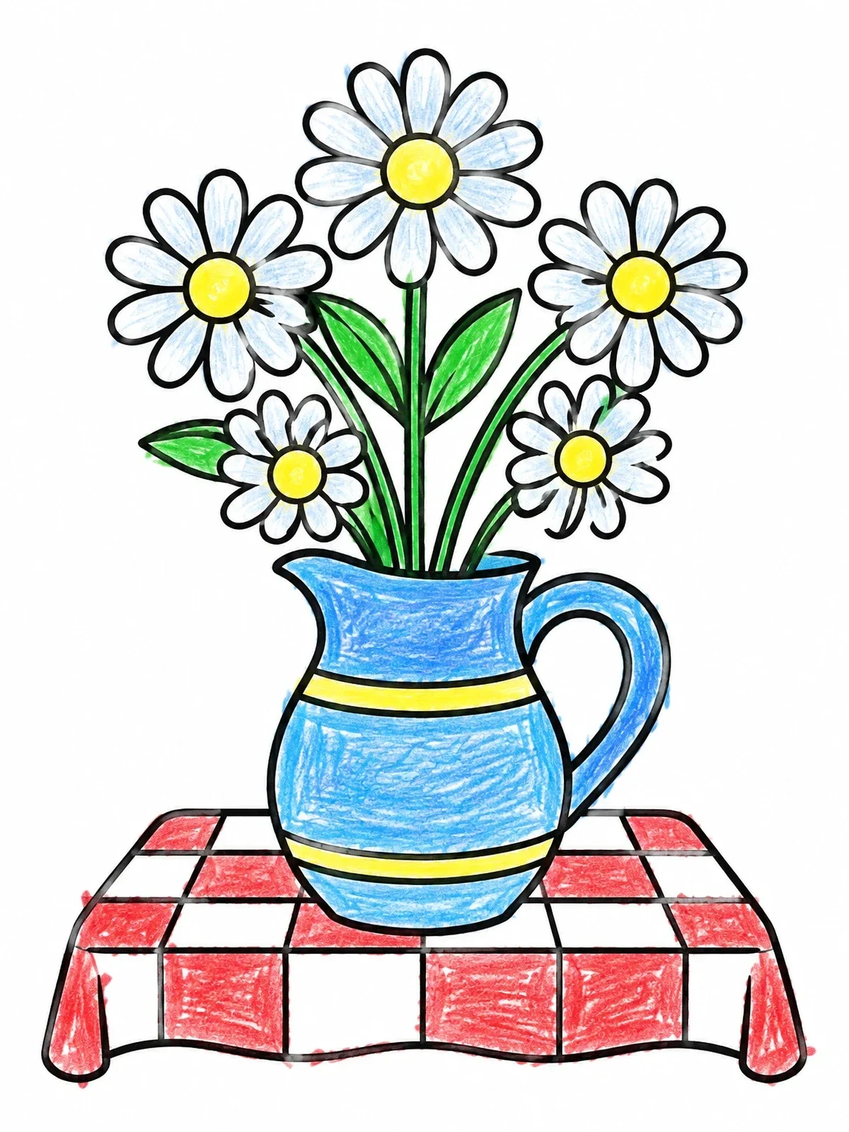 Colored example of the Pitcher Of Daisies On Tablecloth coloring page