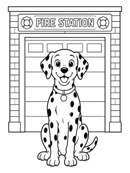 A friendly dog sits outside in this dalmatian coloring page.