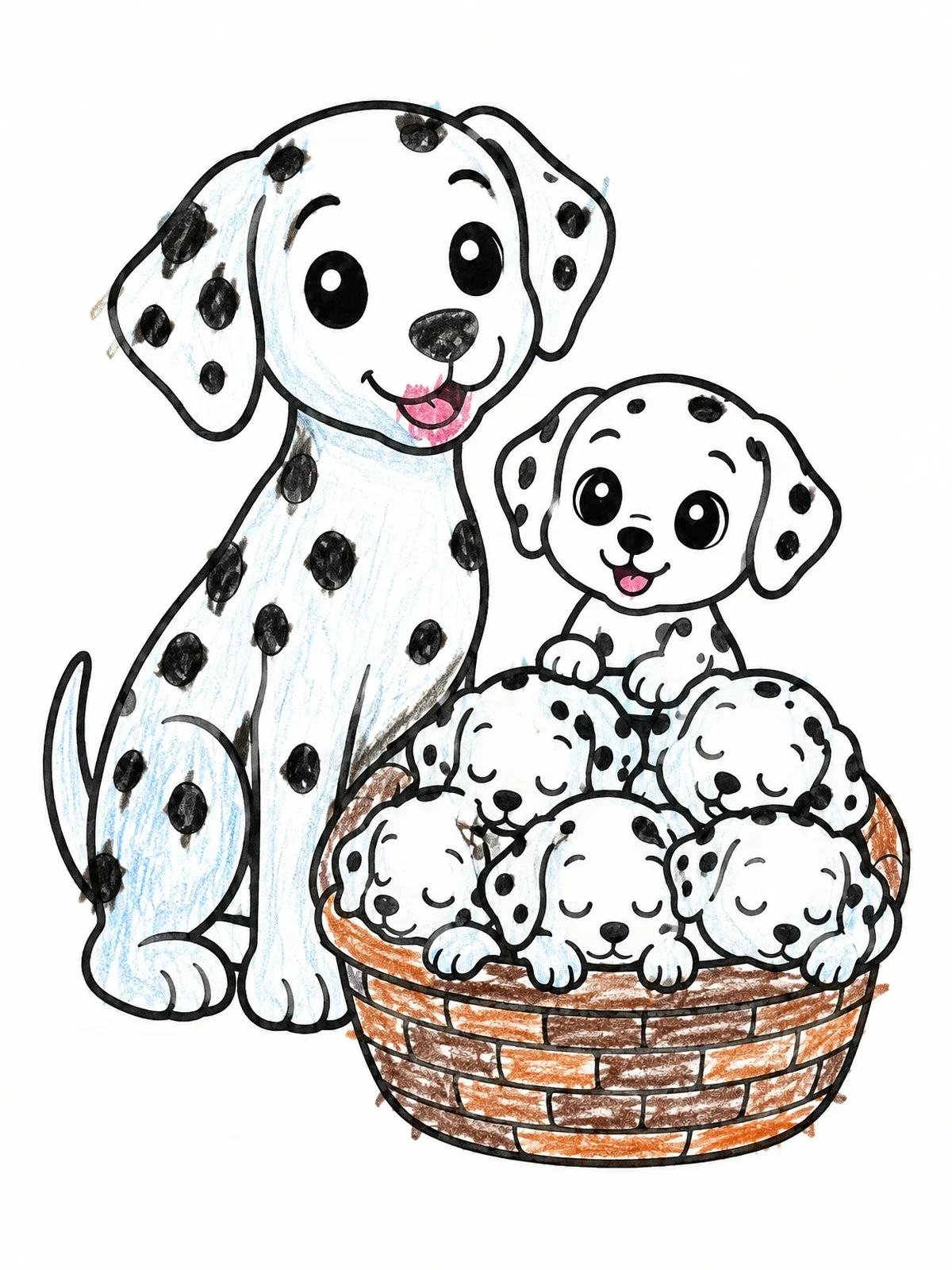 Colored example of the Dalmatian Dog And Basket Of Puppies coloring page