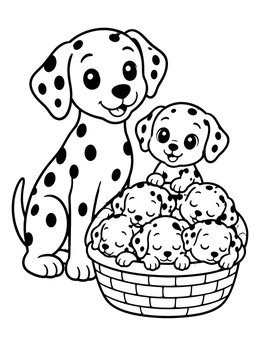 Free printable Dalmatian Dog And Basket Of Puppies coloring page