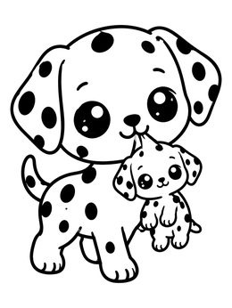 A cute dalmatian coloring page featuring a parent dog carrying its tiny pup.