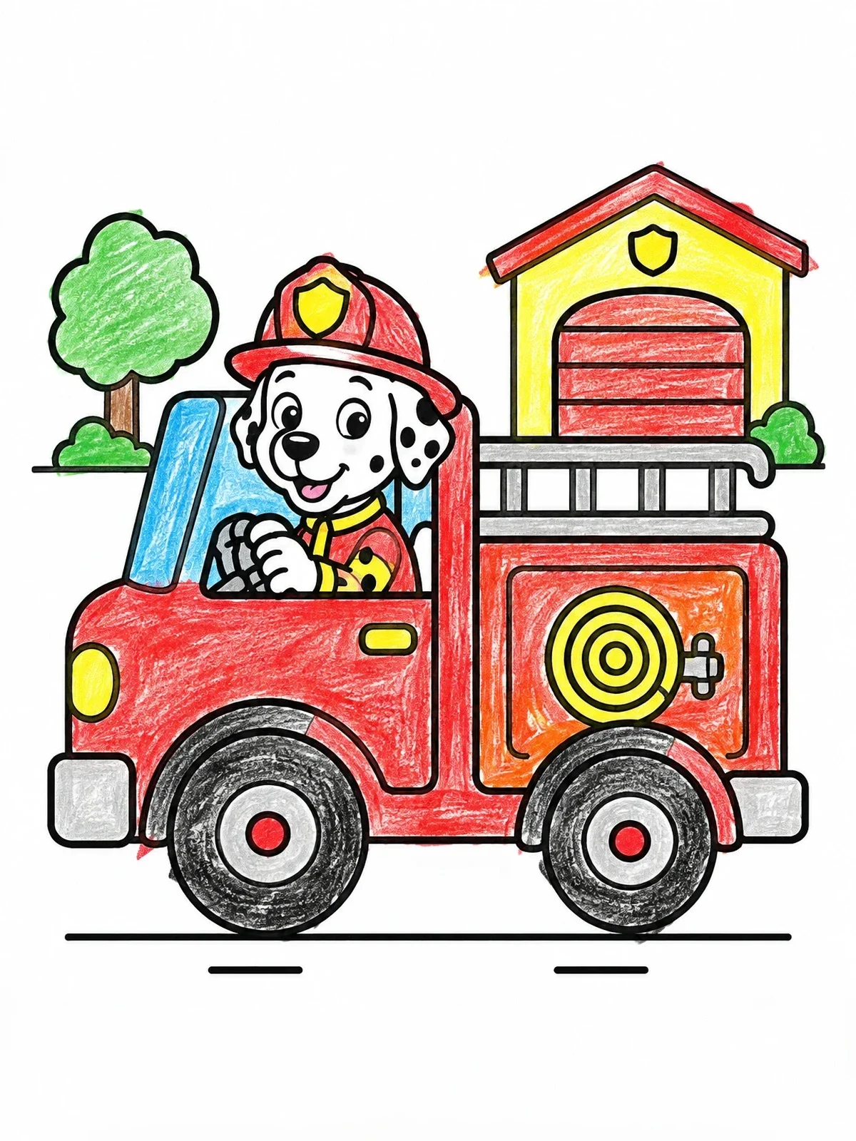 Colored example of the Dalmatian Dog Driving A Fire Truck coloring page