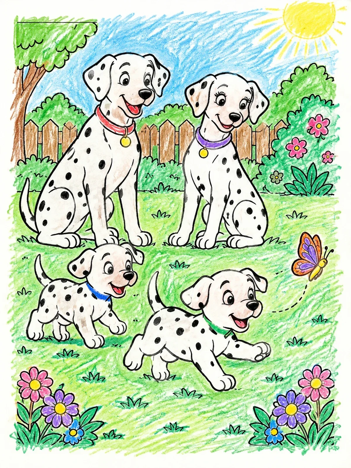Colored example of the Dalmatian Family In The Garden coloring page