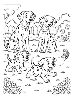 A sweet dalmatian coloring page of parent dogs watching their puppies chase a butterfly.