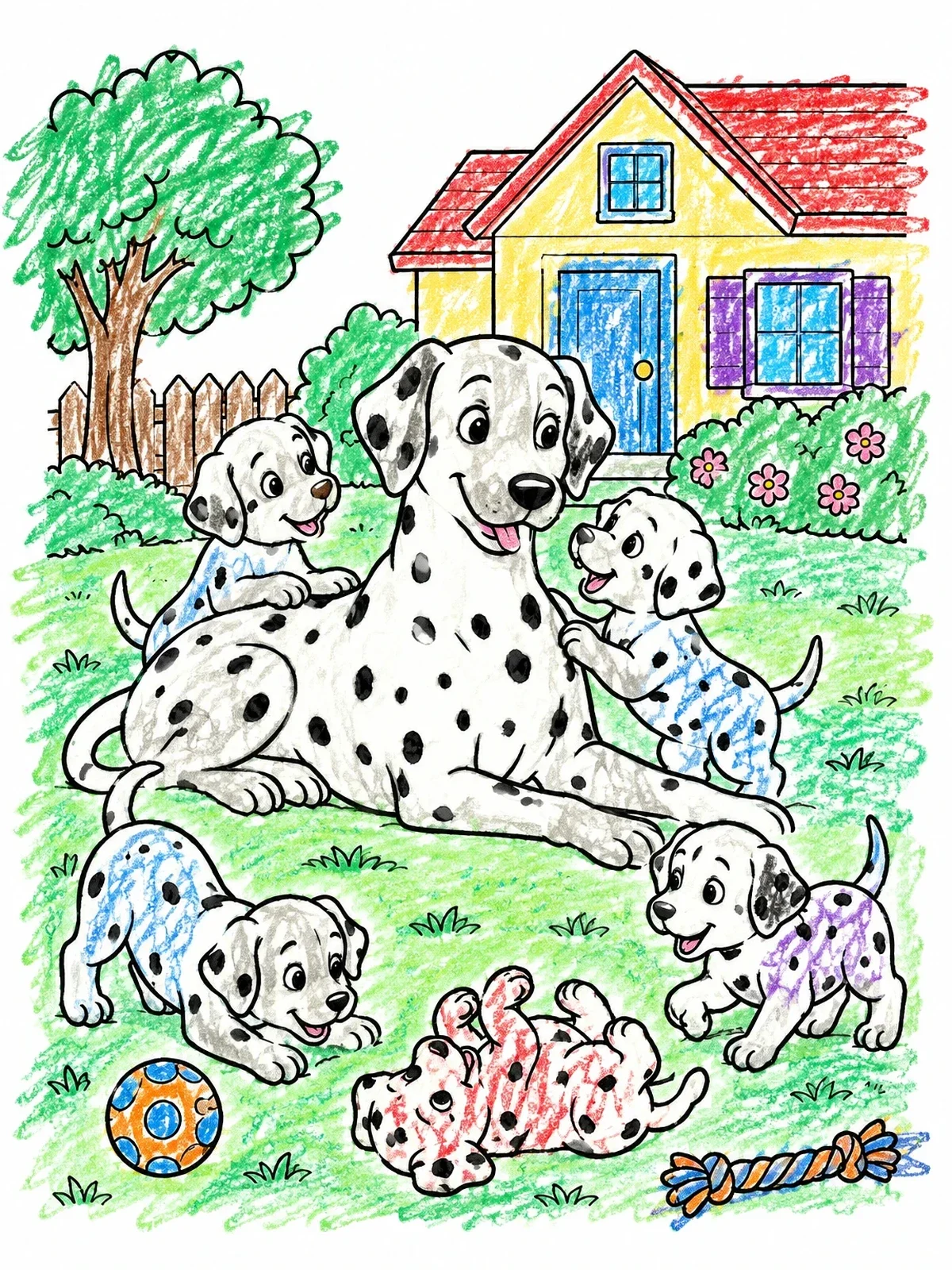 Colored example of the Dalmatian Mother With Playful Puppies coloring page
