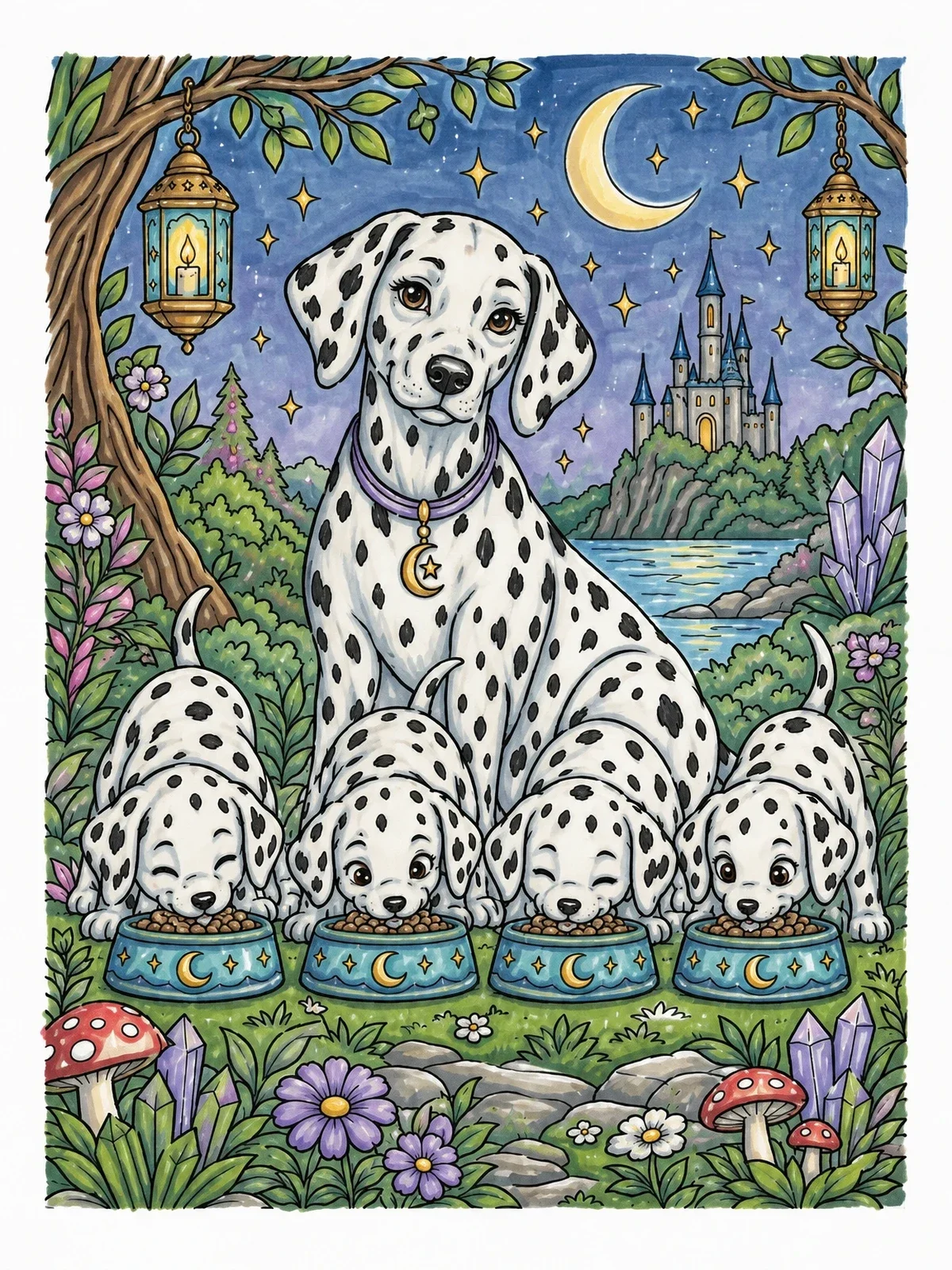 Colored example of the Dalmatian Mother With Puppies Eating coloring page