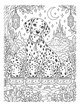 A magical dalmatian coloring page featuring an adult dog and four puppies eating from bowls under the stars.
