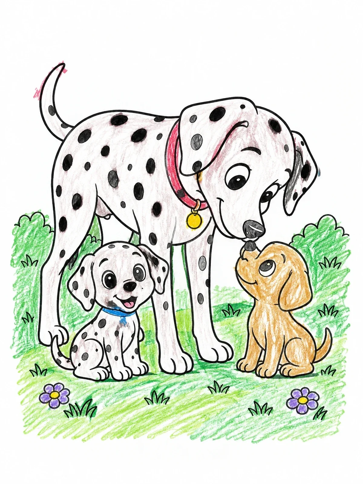 Colored example of the Dalmatian Mother With Cute Puppies coloring page