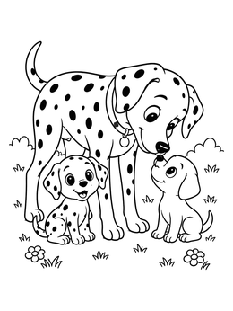 A sweet dalmatian coloring page featuring a mother dog gently greeting her two little puppies outdoors.