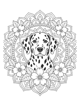 An intricate dalmatian coloring page featuring a dog portrait inside a floral mandala frame.