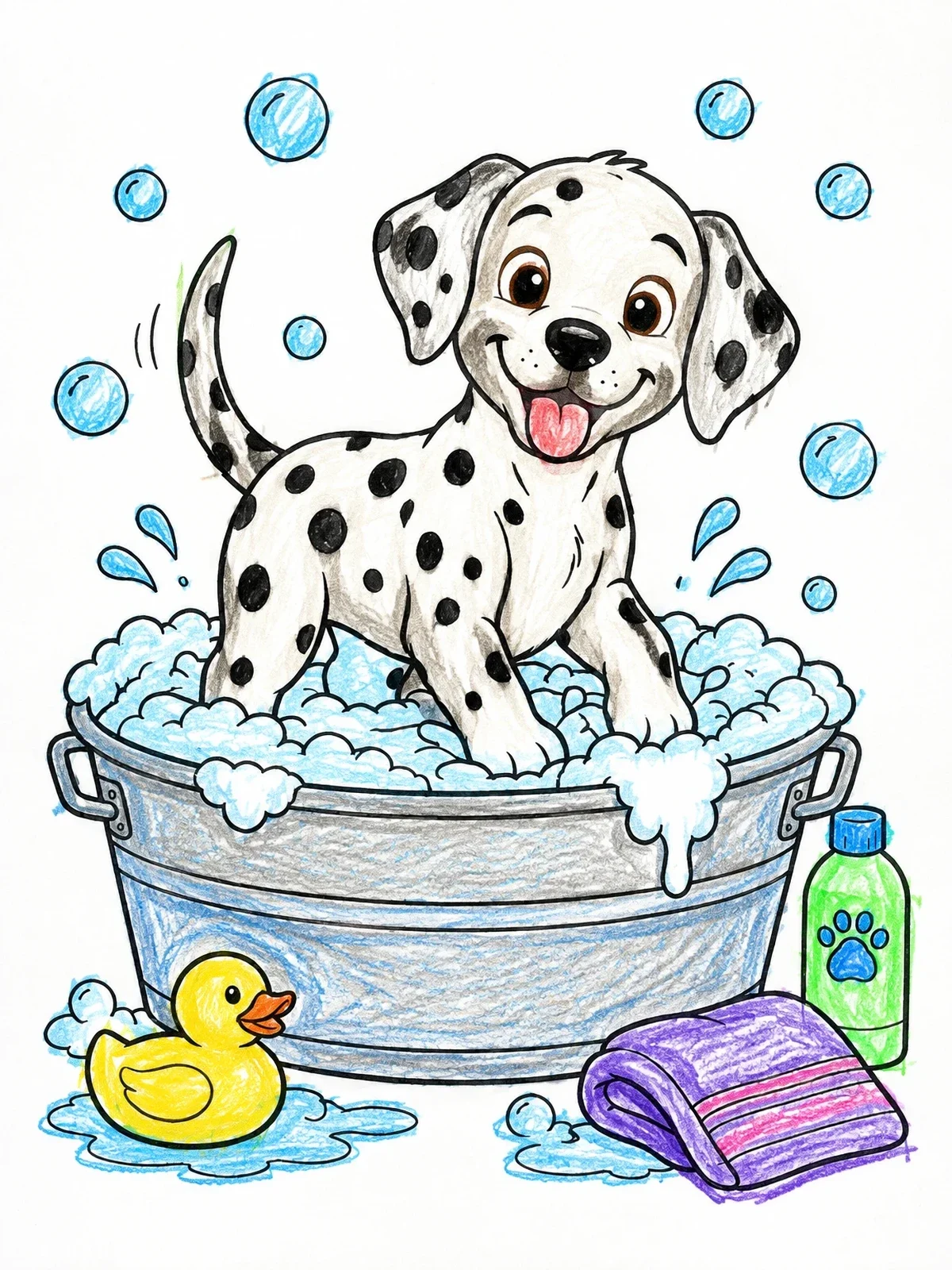 Colored example of the Dalmatian Puppy Taking A Bubble Bath coloring page