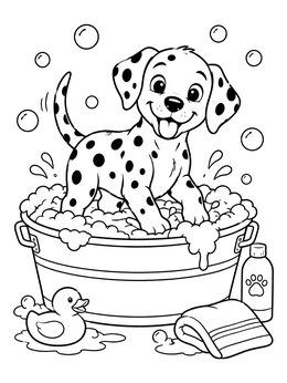 A cheerful puppy splashes in a tub on this cute dalmatian coloring page.